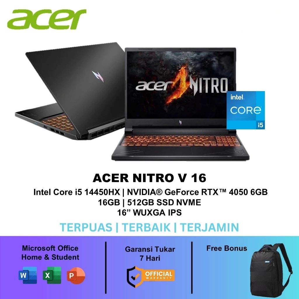 Acer Nitro V16 core i5 14450HX - RTX4050 6GB | 16GB | 512GB W11+OHS / 16.0 / WUXGA IPS 165HZ 100SRGB 2